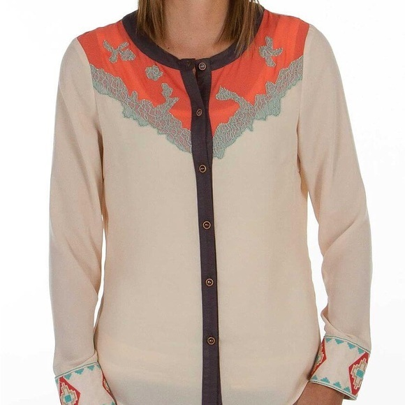 BKE BOUTIQUE Chiffon Blouse Women’s Button Down Size Small Aztec Boho - Picture 1 of 11